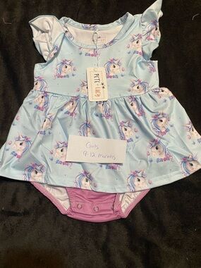 Unicorn Print Baby Dress Romper - Light Blue & Pink